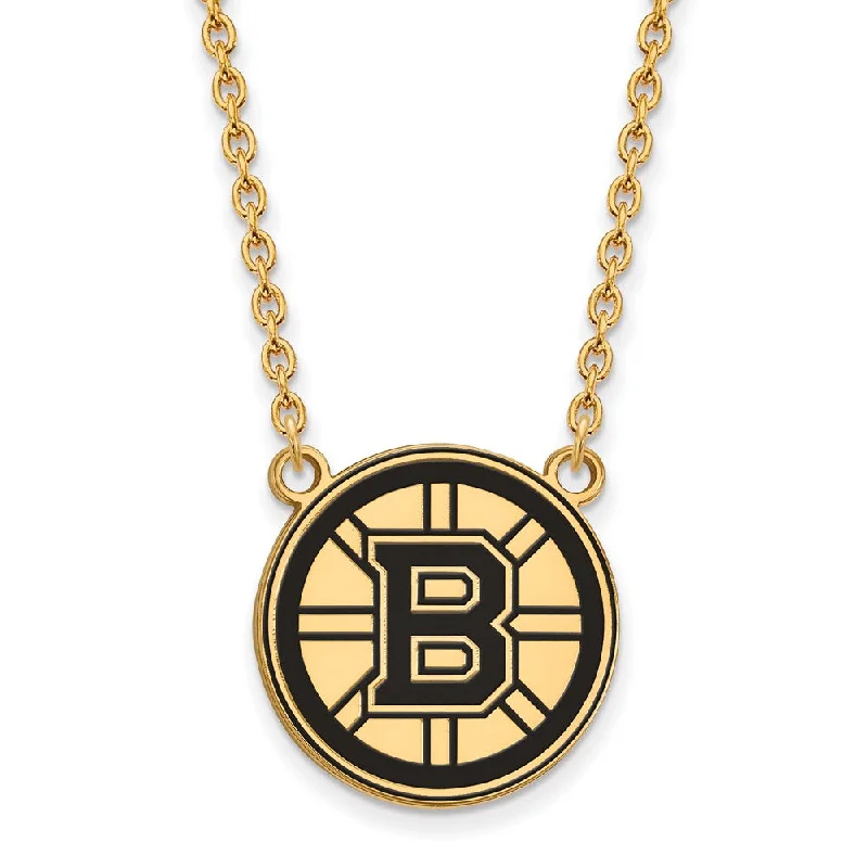 ladies-bridal-bar-pendant-necklaces-SS 14k Yellow Gold Plated NHL Boston Bruins LG Enamel Necklace, 18 In