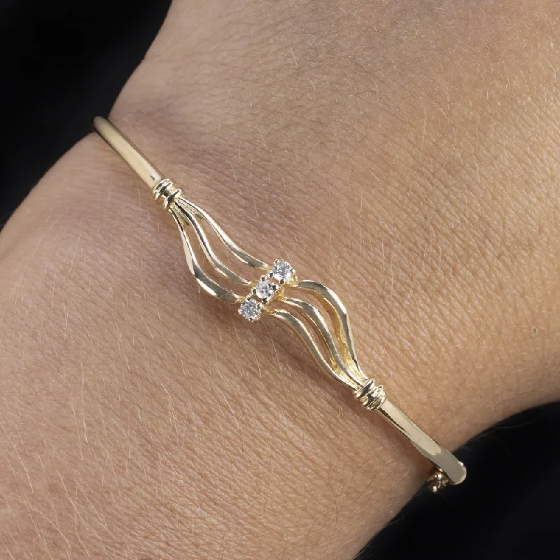 ladies-flower-adjustable-cuff-bracelets-DIAMOND SOLID 14k YELLOW GOLD BANGLE BRACELET NATURAL WAVE CURVE SQUIGGLE CUFF