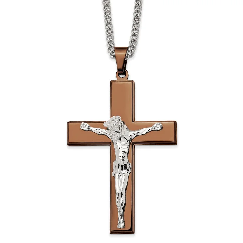 ladies-minimalist-beaded-choker-necklaces-Stainless Steel & Brown IP-Plated Large Crucifix Necklace, 24 Inch