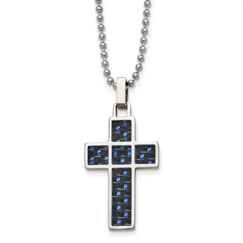 ladies-rose-gold-crystal-necklaces-Stainless Steel, Black & Blue Carbon Fiber Cross Necklace, 20 Inch