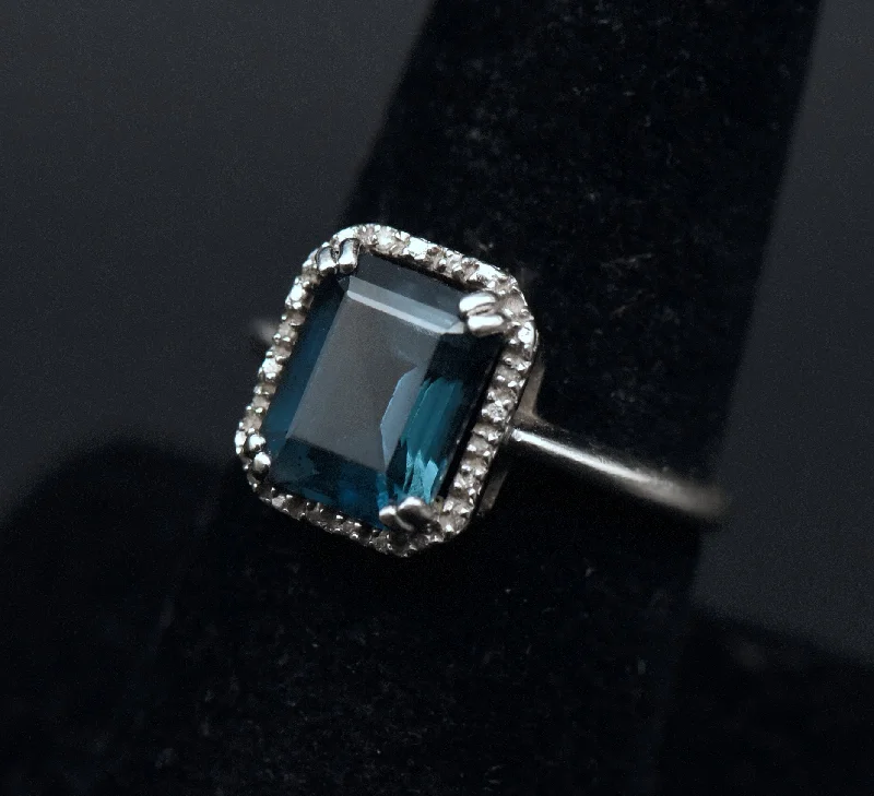 Ladies rings for caring moms -Vintage Blue Topaz and Diamonds Sterling Silver Ring - Size 8