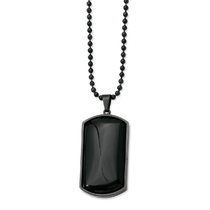 ladies-wedding-heart-locket-necklaces-Black Plated Stainless Steel and Black Agate Dog Tag Necklace 30 Inch