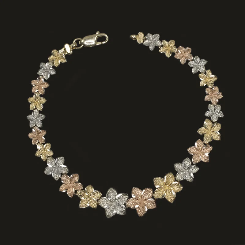 ladies-unique-rigid-link-bracelets-TRI TONE 14k GOLD FLOWER BRACELET GRADUATED LILY BLOSSOM SOLID YELLOW WHITE ROSE