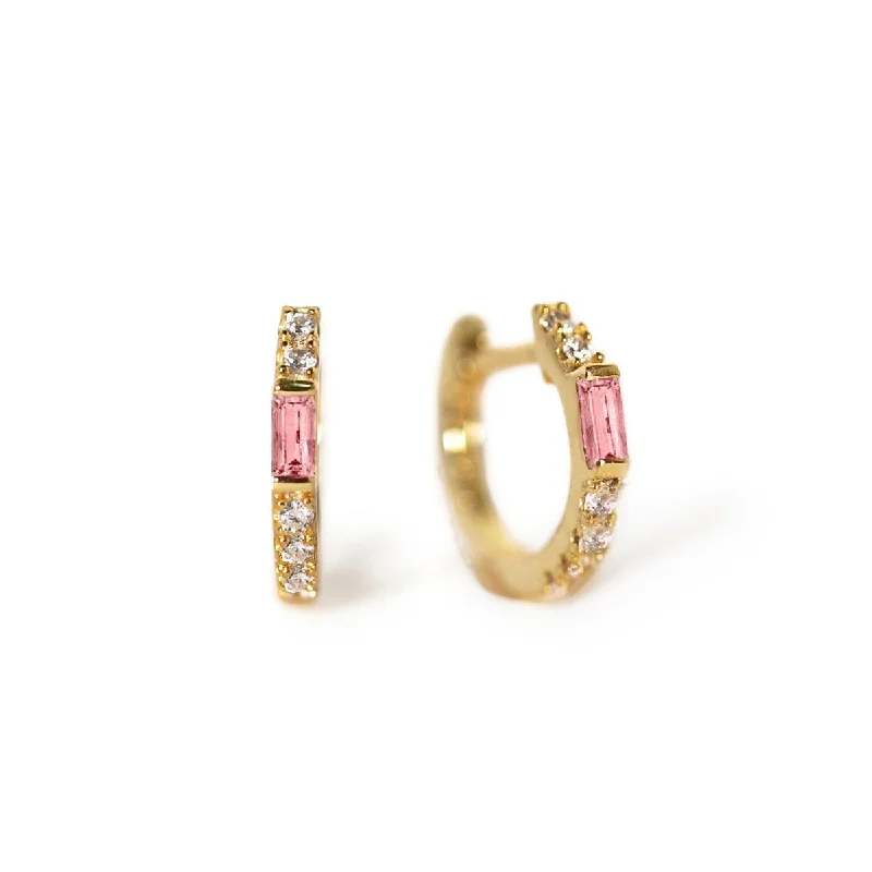 Ladies earrings playful elegance -Gemstone Baguette Huggie Earrings Pink