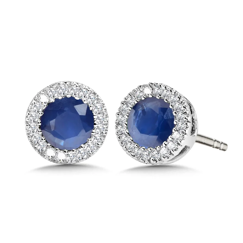 Ladies earrings delicate charm -Sapphire and Diamond Halo Stud  Earrings in White Gold