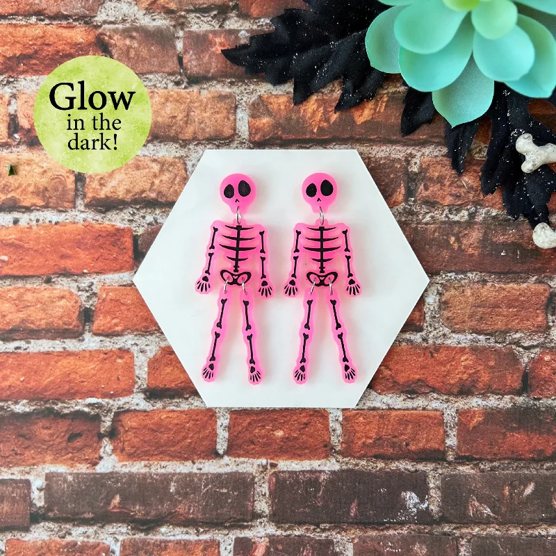 Ladies earrings timeless charm -Pink Skeleton Dangle Earrings (Glow in the dark!)