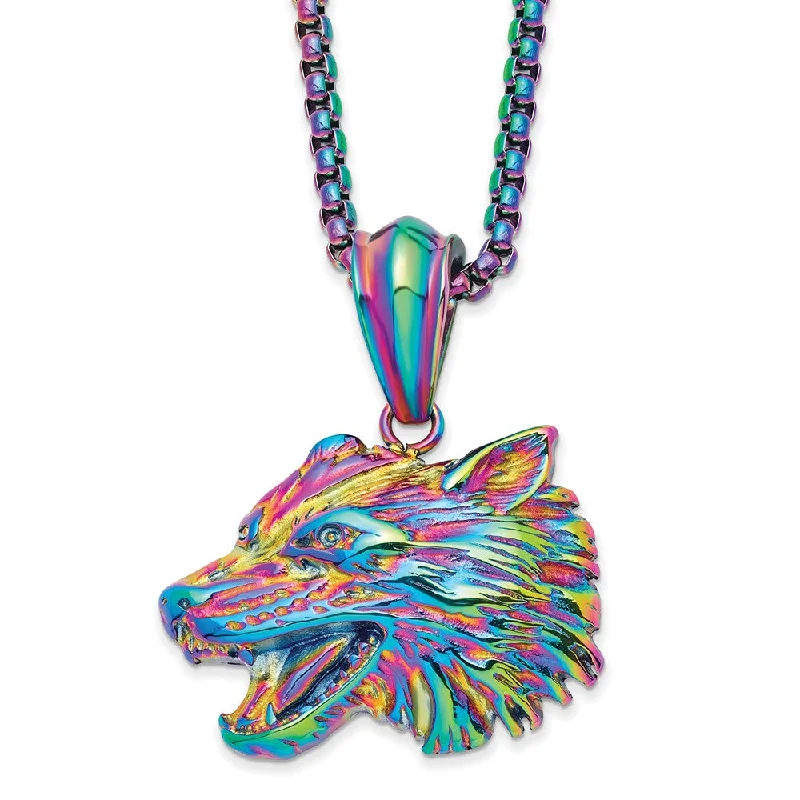 ladies-rose-gold-crystal-necklaces-Rainbow Plated Stainless Steel Large Wolf Head Necklace, 24 Inch