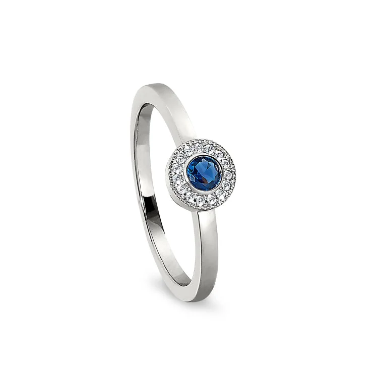 Ladies rings stylish elegance -Platinum Finish Sterling Silver Micropave Round Simulated Sapphire Ring with Simulated Diamonds Size 6