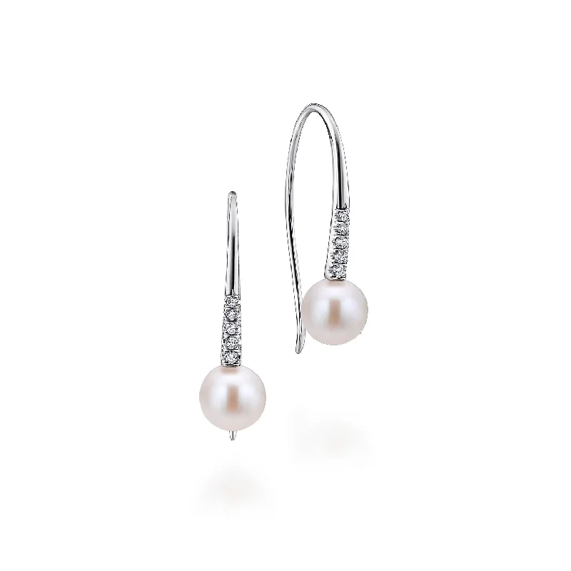 Ladies earrings sleek elegance -Pearl and DIamond Drop Earrings in White Gold by Gabriel & Co.