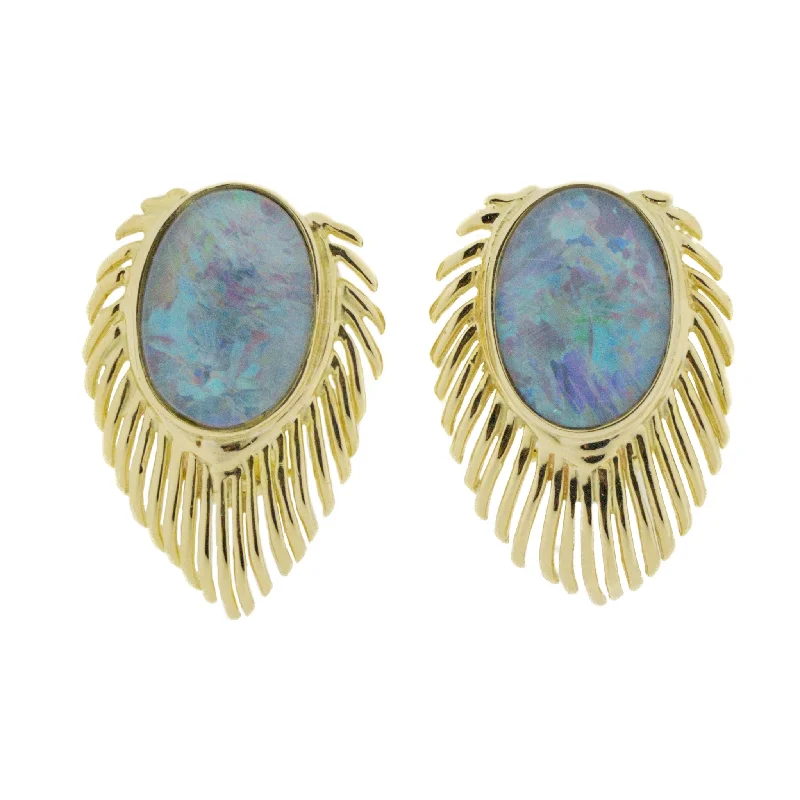 Ladies earrings twisted shine -Oval Cabochon Opal Solitaire Clip-On Earrings in 14K Yellow Gold