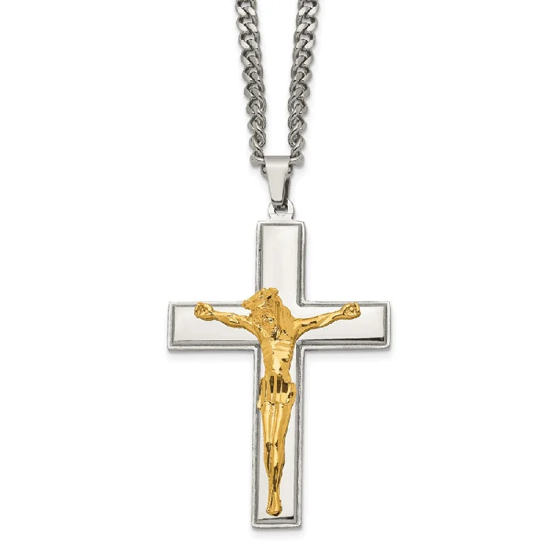 ladies-delicate-y-drop-necklaces-Stainless Steel & Gold Tone Plated Large Crucifix Necklace, 24 Inch