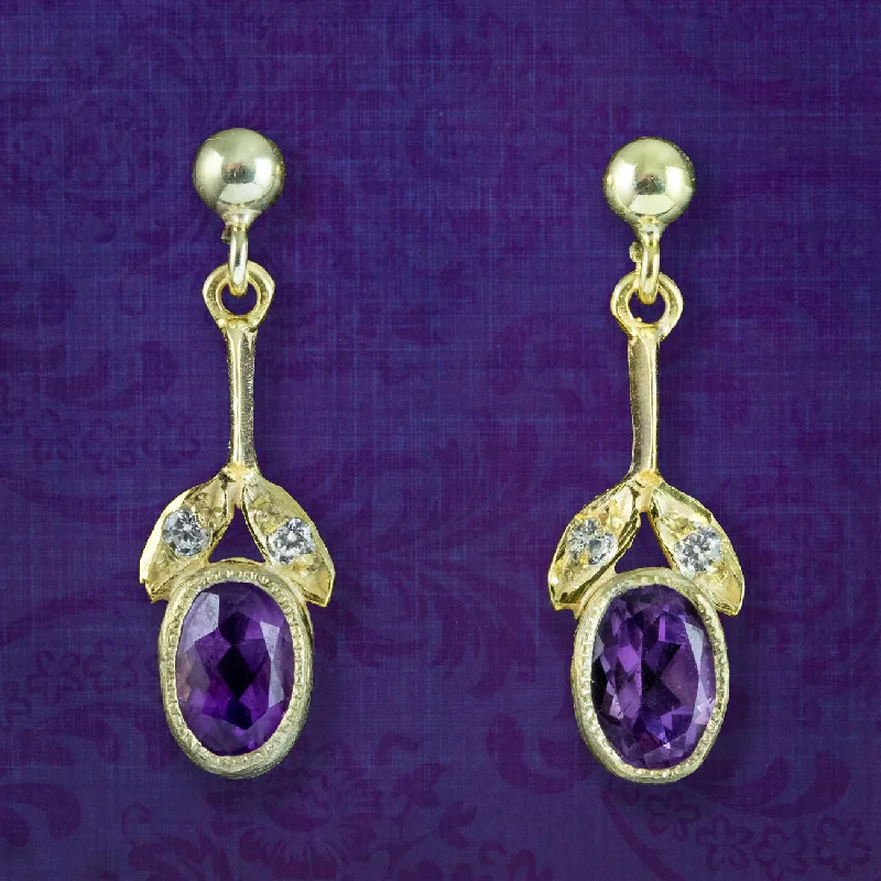 Ladies earrings stylish shine -Edwardian Style Amethyst Drop Earrings Silver Gold Gilt