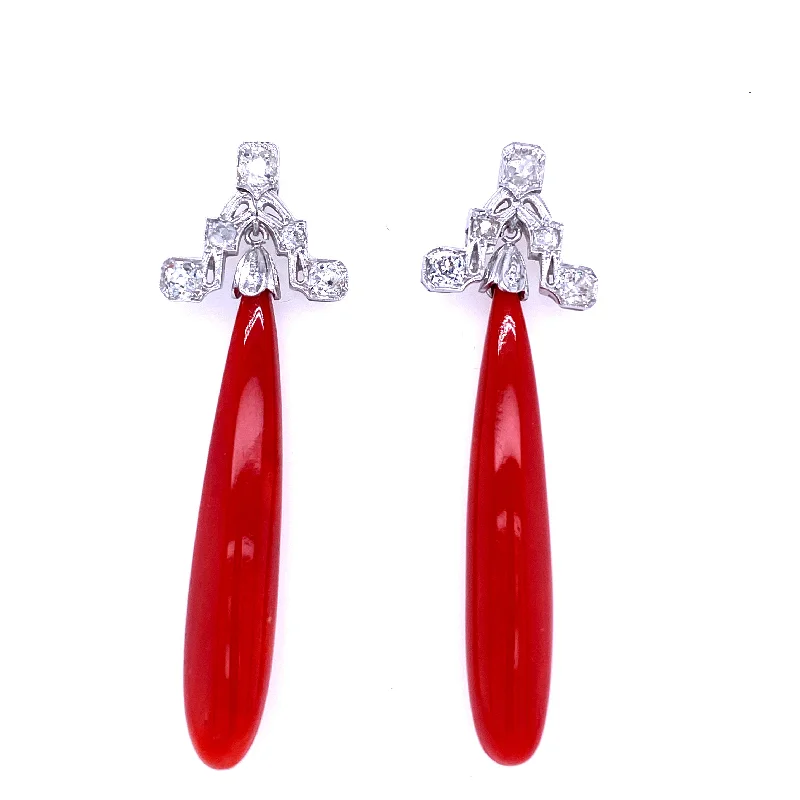 Ladies earrings with wave studs -Art Deco Sardinian Coral Diamond Gold Drop Earrings