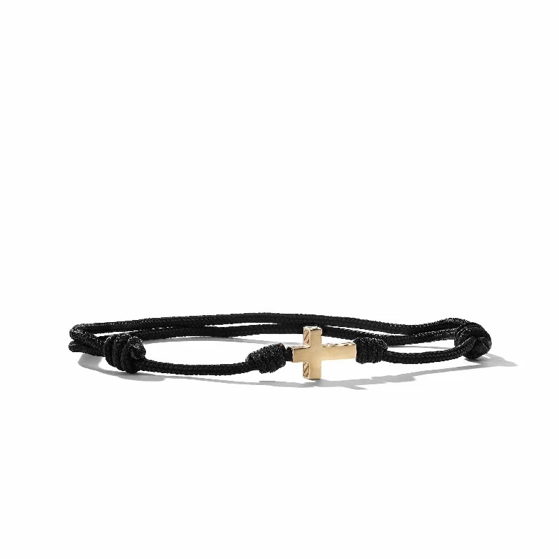 ladies-pearl-diamond-bracelets-Cross Black Cord Bracelet with 18K Yellow Gold