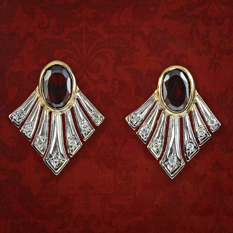 Ladies earrings with sly shine -Art Deco Style Garnet Diamond Fan Earrings 9ct Gold