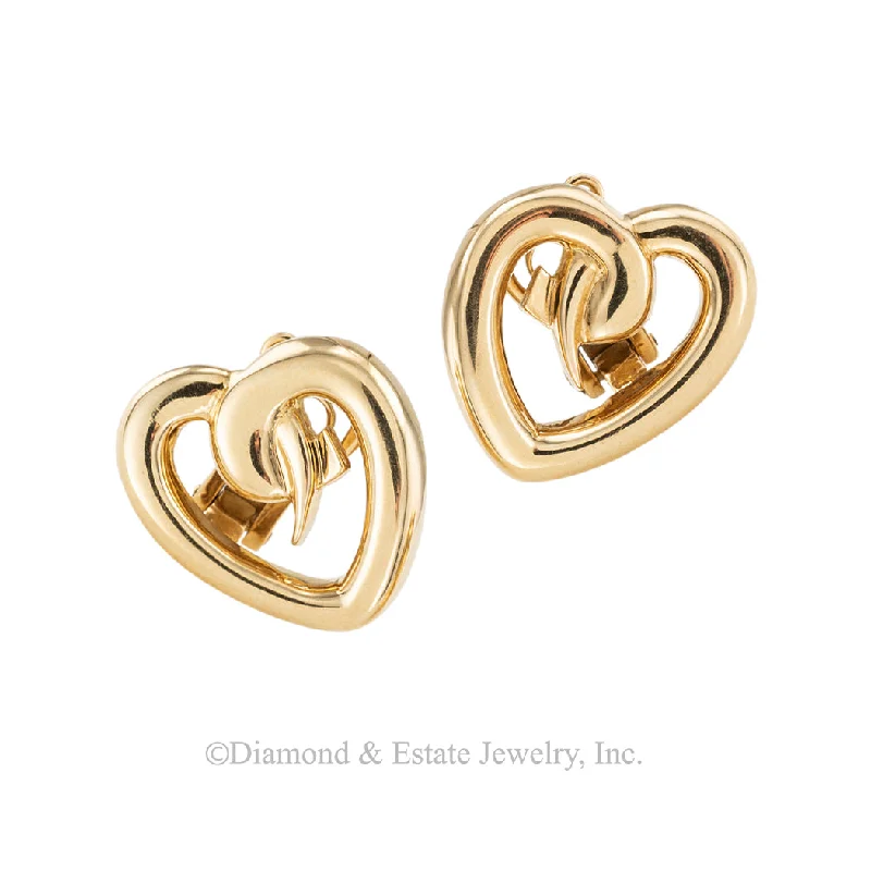 Ladies earrings for chill vibes -Paloma Picasso Tiffany & Co Heart Shaped Yellow Gold Clip On Earrings