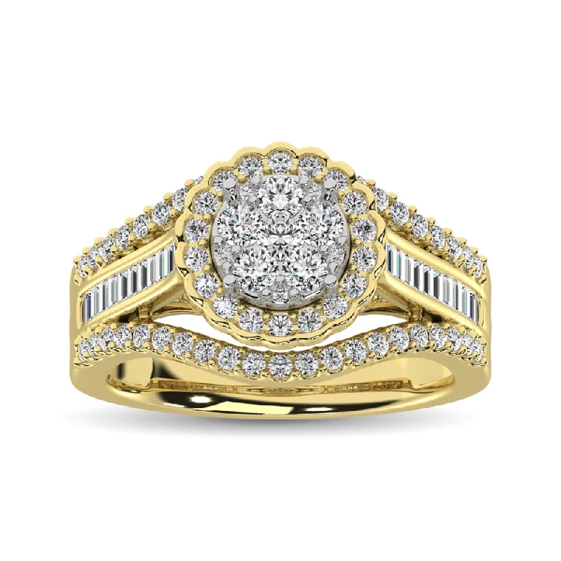 Ladies wedding rings graceful romance -10K Yellow Gold Round and Baguette Diamond 1 Ct.Tw. Engagement Ring