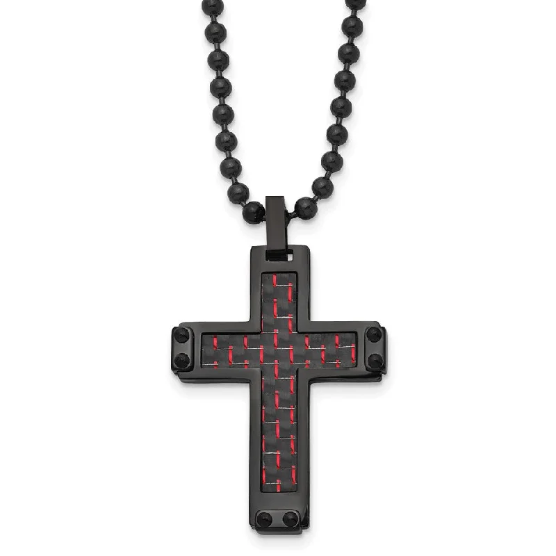 ladies-vintage-gold-necklaces-Black Plated Stainless Steel Blk/Red Carbon Fiber Cross Necklace, 22in