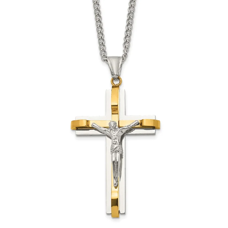 ladies-birthstone-figaro-chain-necklaces-Mens Stainless Steel & Gold Tone Plated XL Crucifix Necklace, 24 Inch