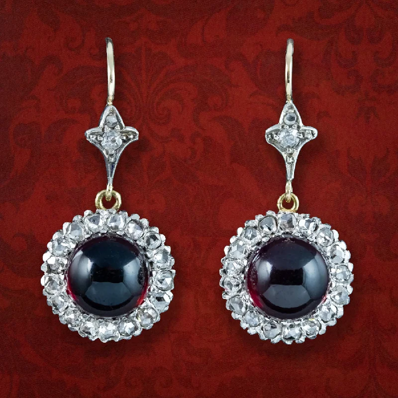 Ladies earrings with lotus studs -Antique Edwardian Garnet Diamond Daisy Drop Earrings 15ct Gold