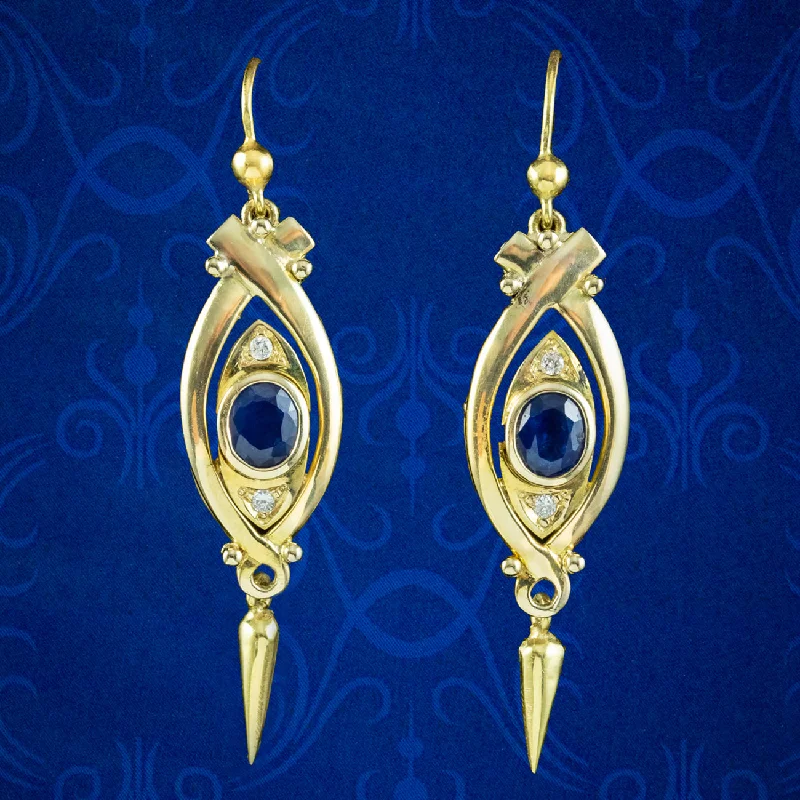 Ladies earrings petal shine -Vintage Sapphire Diamond Drop Earrings 14ct Gold