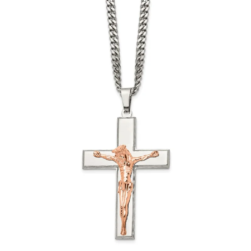 ladies-rustic-curb-chain-necklaces-Stainless Steel & Rose Tone Plated Large Crucifix Necklace, 24 Inch