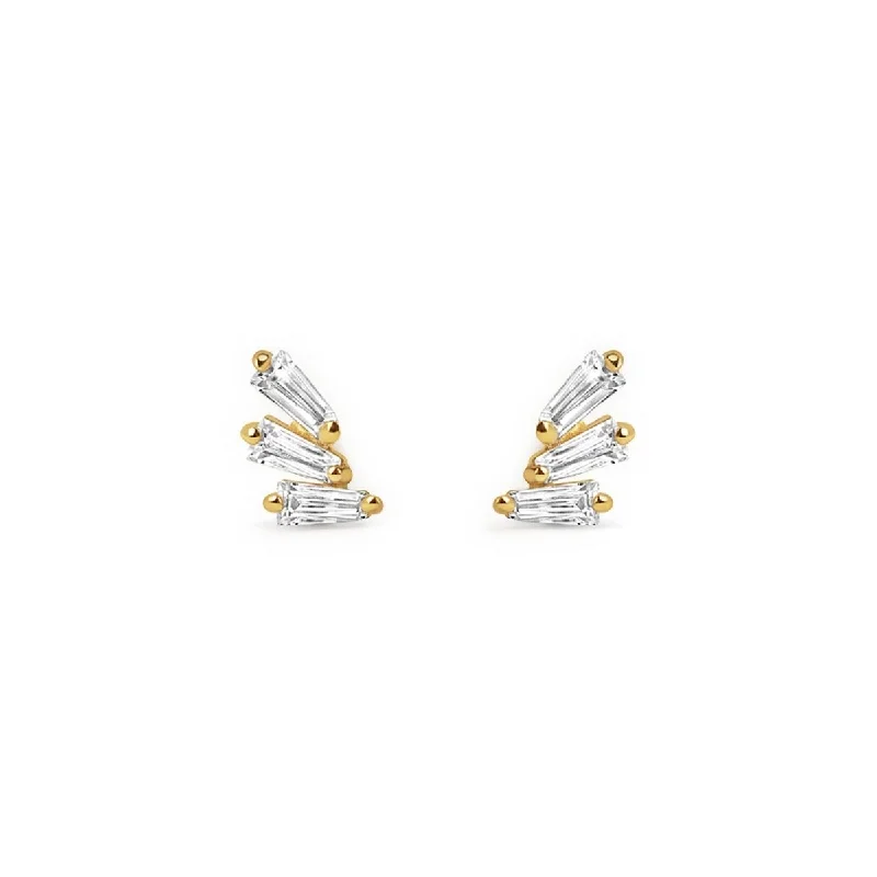 Ladies earrings with ridge elegance -Tri Baguette Stud Earrings