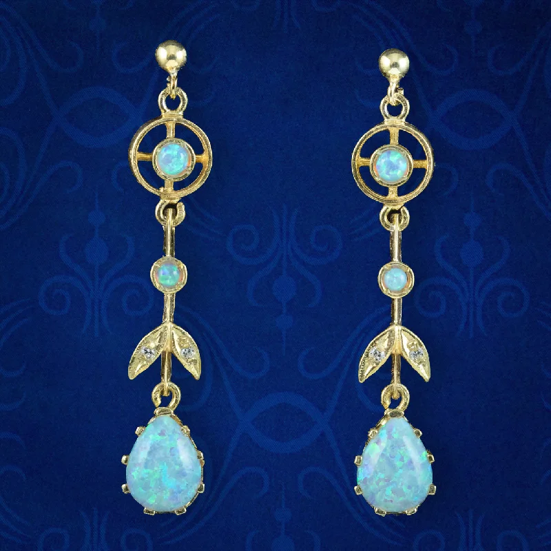 Ladies earrings vintage charm -Edwardian Style Opal Drop Earrings Silver 18Ct Gold Gilt