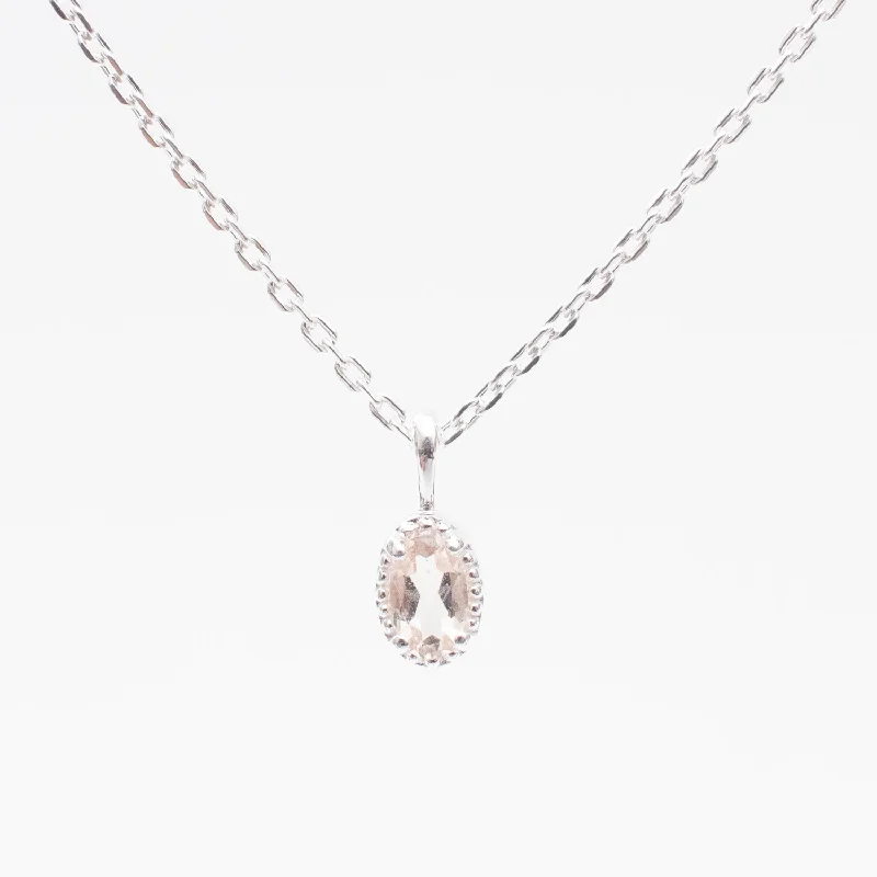 ladies-star-y-drop-necklaces-Silver Oval Milgrain Edge Morganite Necklace