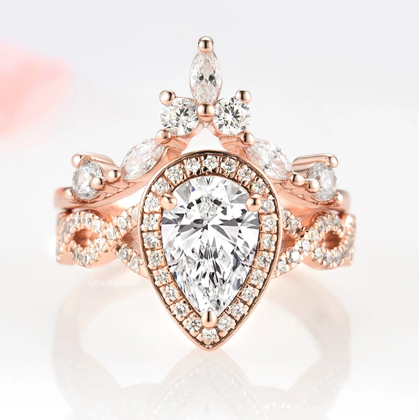 Ladies wedding rings for spring ceremonies -Nouveau Diamond (cz) Engagement Ring Set- 14K Rose Gold Vermeil