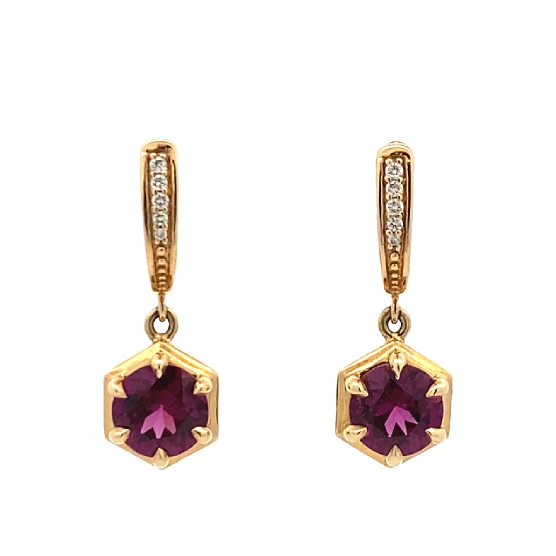 Ladies earrings for getaway charm -Plum Garnet Dangle Earrings in Yellow Gold by B&C