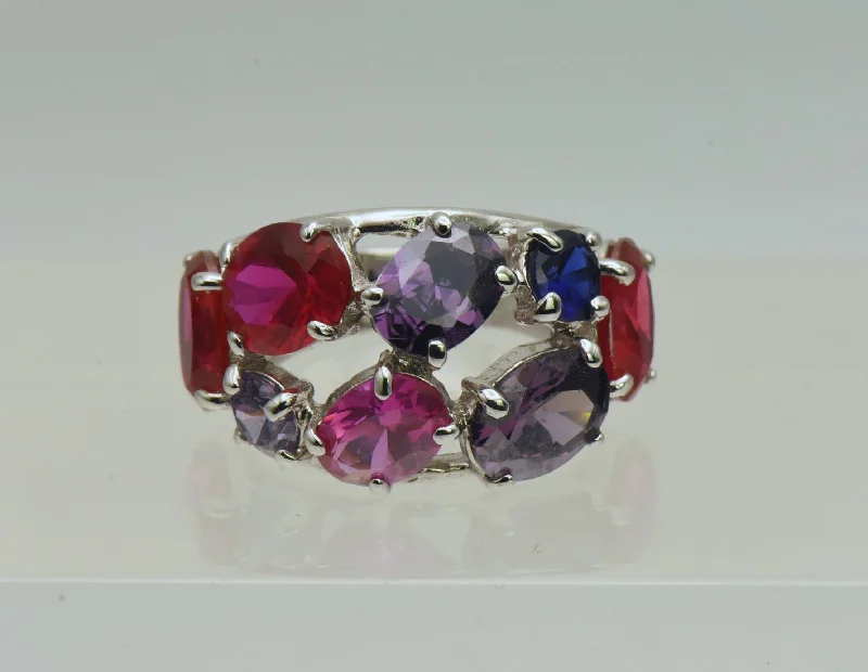 Ladies rings chic elegance -Vintage Sterling Silver Synthetic Ruby and Sapphires, CZ Ring - Size 6.25