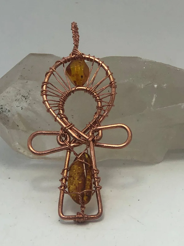 ladies-beaded-choker-silver-necklaces-Baltic Amber Copper Egyptian Kemetic Coptic Cross  Ankh Wirewrapped Wearable Pendant Necklace