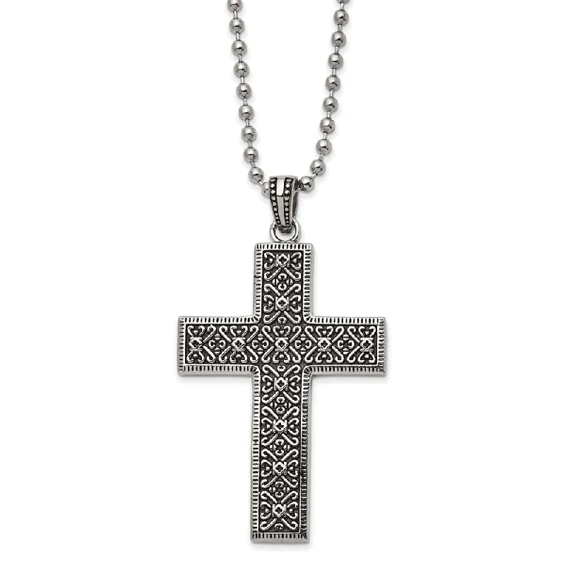 ladies-pearl-rose-gold-necklaces-Stainless Steel Large Antiqued Fancy Cross Necklace, 22 Inch