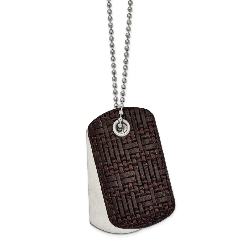 ladies-ethnic-curb-chain-necklaces-Stainless Steel & Brown Woven Leather 2 Piece Dog Tag Necklace, 22 In