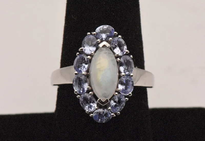 Ladies rings unique shine -Vintage Sterling Silver Rainbow Moonstone and Tanzanite Ring - Size 8