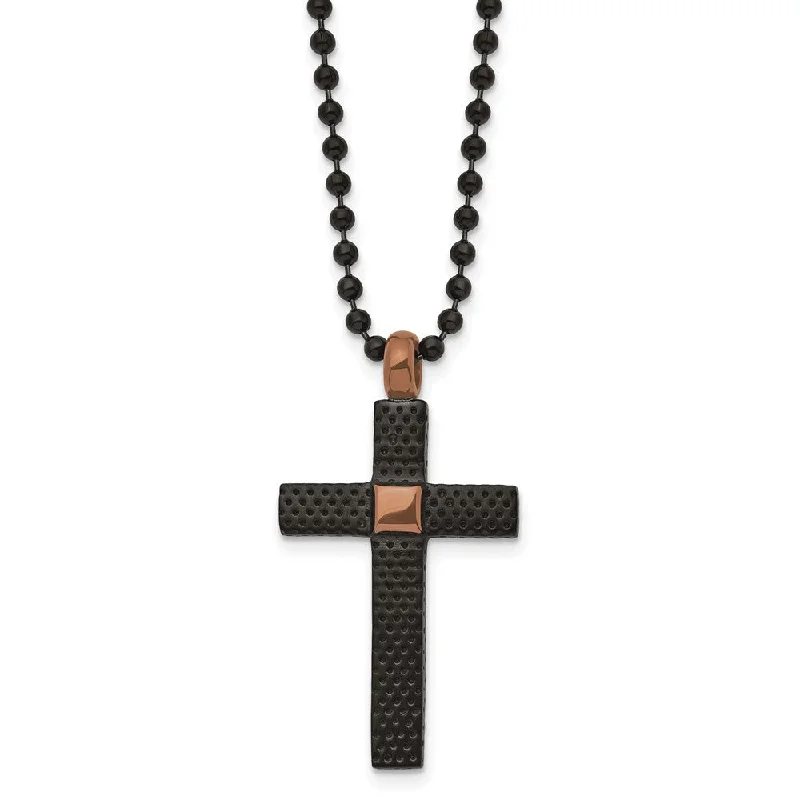 ladies-party-figaro-chain-necklaces-Black & Brown Plated Stainless Steel Textured Cross Necklace, 24 Inch