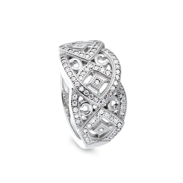 Ladies rings soft shine -Platinum Finish Sterling Silver Micropave Art Deco Ring with 73 Simulated Diamonds