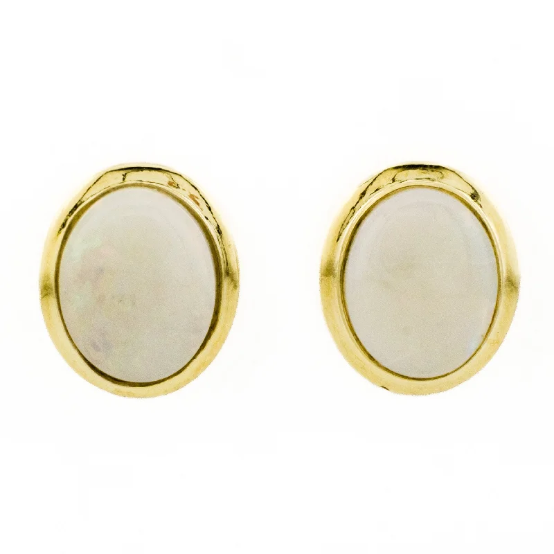 Ladies earrings tactile elegance -Oval Cabochon Opal Solitaire Earrings in 14K Yellow Gold